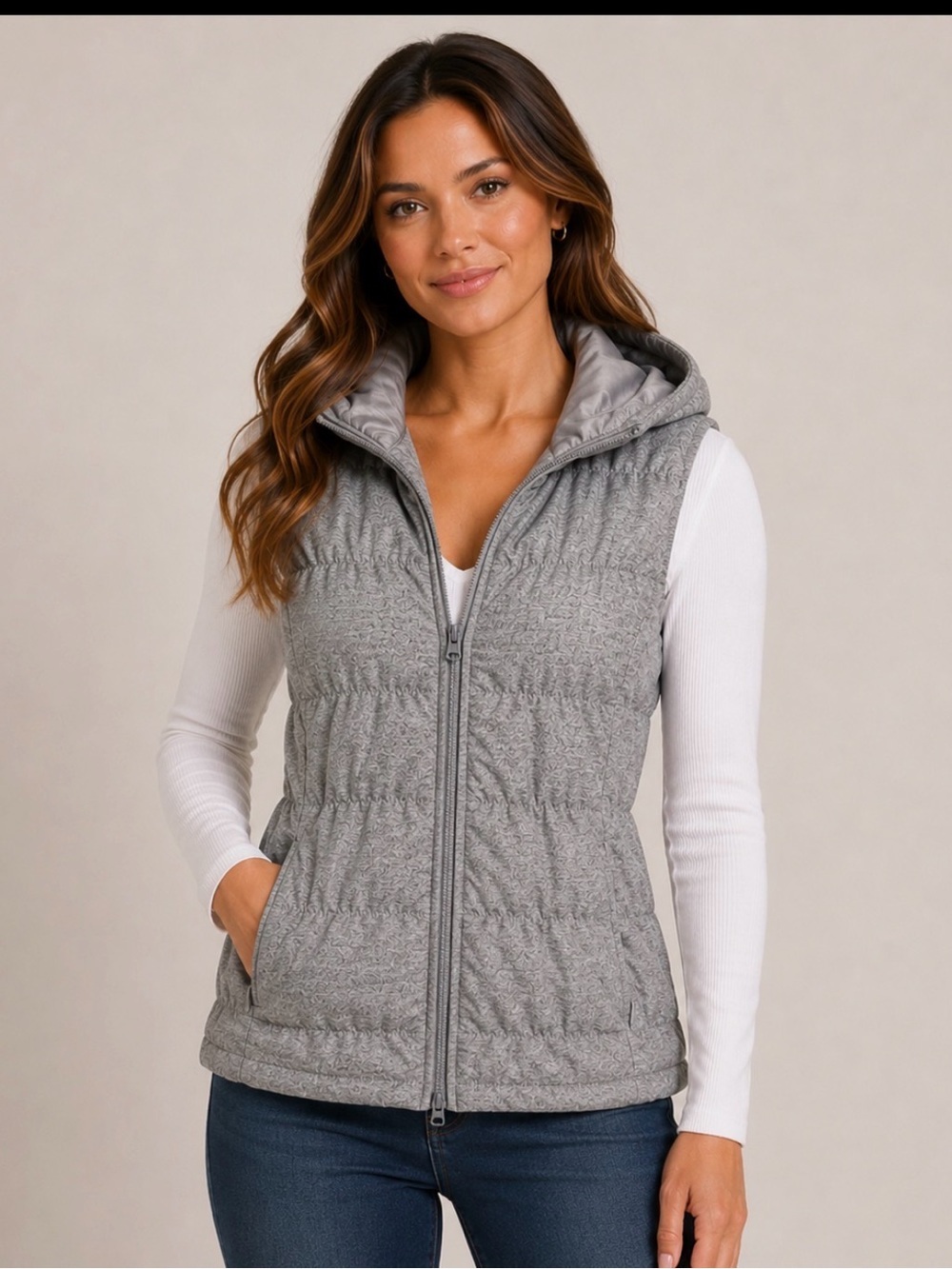 Be By Blanc Noir vest Women's Padded Brown Hoodie Full Zip SZ SM quilted